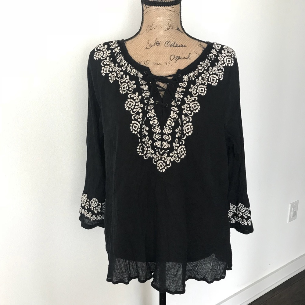 Joie Black and White Gauze Embroidered Top